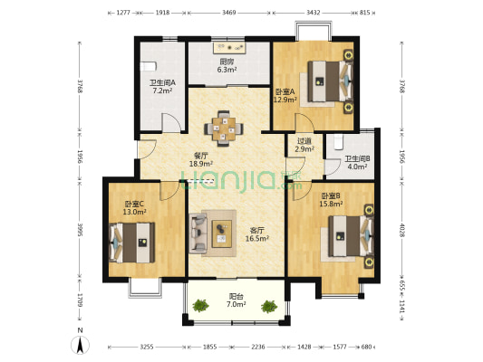 花石小区 3室2厅2卫 121平方