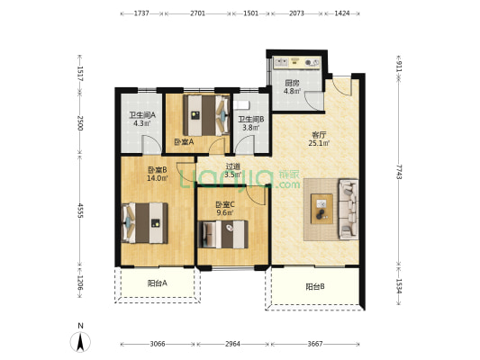 柏景湾 3室1厅2卫 103平方
