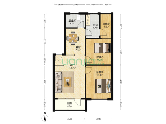 潍坊银行宿舍 2室2厅1卫 75平方
