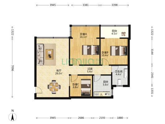 海口广电山高小区 3室1厅1卫 97平方