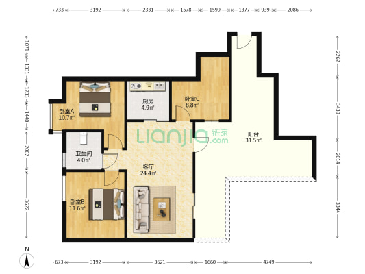 盛和广场 3室1厅1卫 82平方