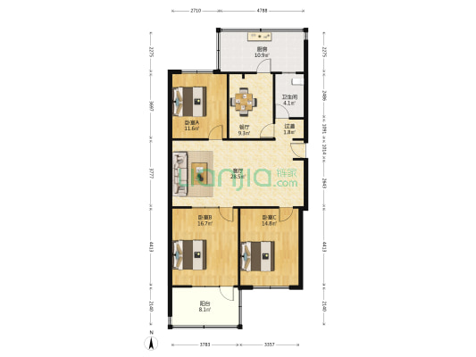 环山路85号 3室2厅1卫 114平方