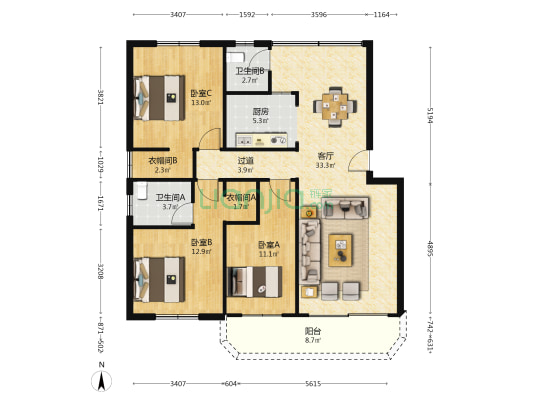 海秀干休所宿舍 3室1厅2卫 102平方