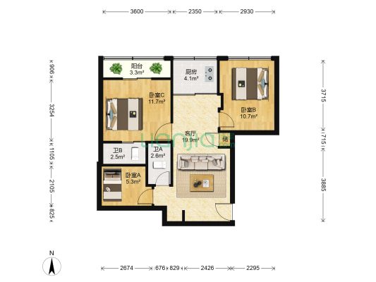 兴湖路75号 3室1厅2卫 85平方