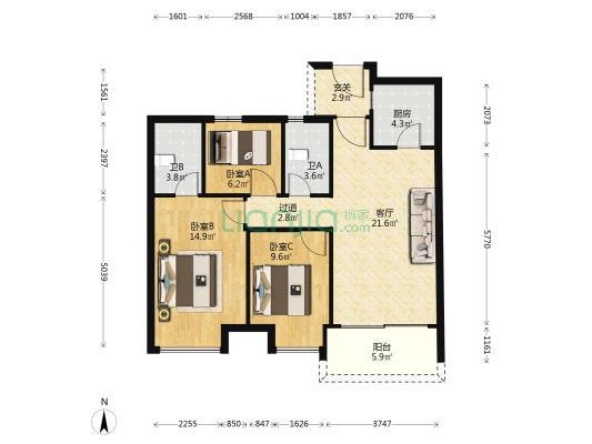 枫华金明府五期 3室1厅2卫 97平方