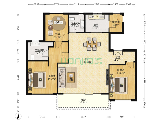 绿地城长安宫 3室1厅2卫 136平方