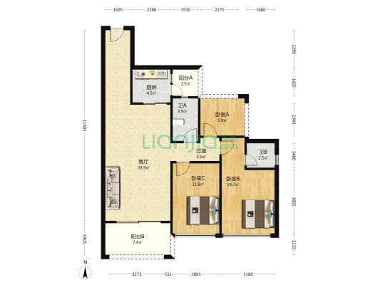 新怡名门花园 3室1厅2卫 106平方