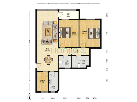 龙科花园 3室1厅2卫 126平方