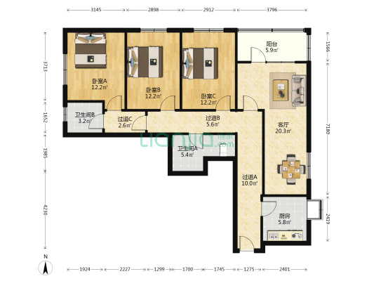 振头卫生院宿舍 3室1厅2卫 124平方