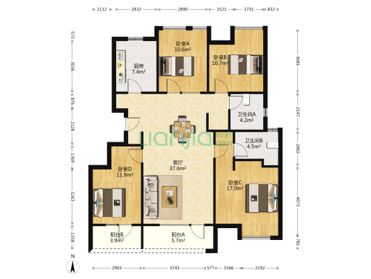 胥江一号别墅 4室1厅2卫 132平方