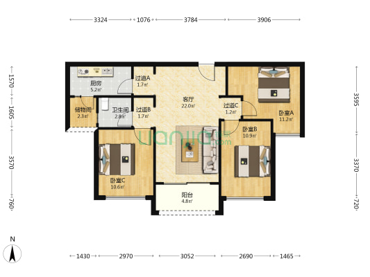 金地自在城锦苑 3室1厅1卫 91平方
