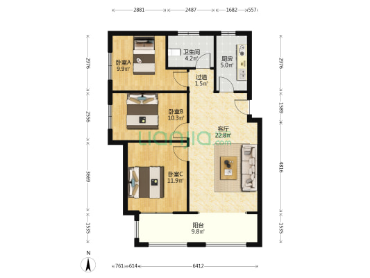 香河城上城 3室1厅1卫 109平方