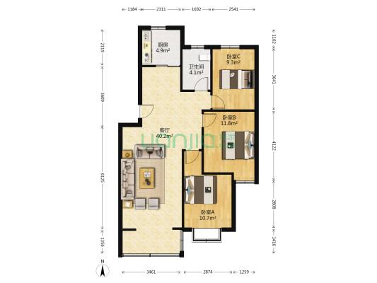 顺兴苑西区 3室1厅1卫 101平方