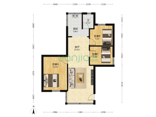 景丽巷8号 3室1厅1卫 77平方