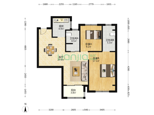 紫云朗境 2室1厅2卫 91平方