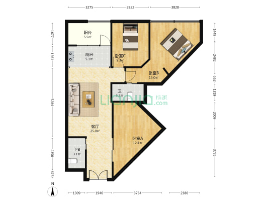 西华大厦 3室1厅2卫 120平方