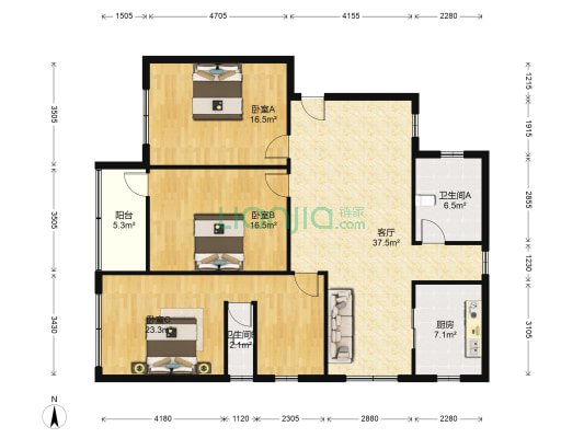 卫生院宿舍楼 3室1厅2卫 135平方