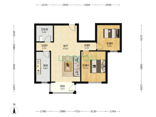 康德名苑北区 2室1厅1卫 88平方