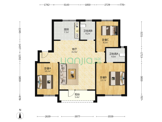 明发上河时代 3室1厅2卫 108平方