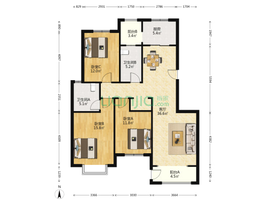丰泽新苑二期 3室1厅2卫 123平方