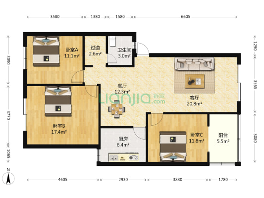 绿园小区 3室2厅1卫 116平方