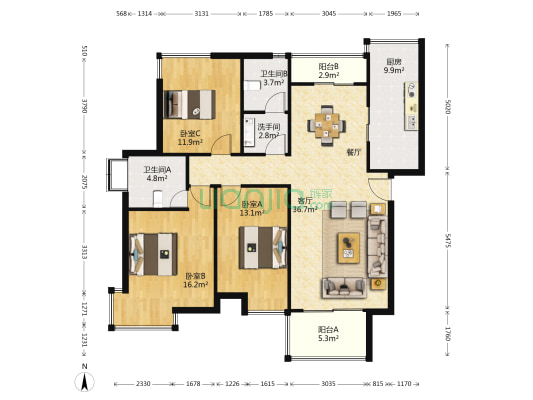 万科魅力之城 3室1厅3卫 124平方