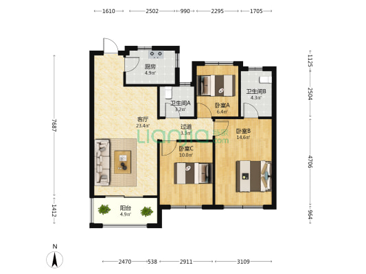 升龙天汇珑臺 3室1厅2卫 104平方