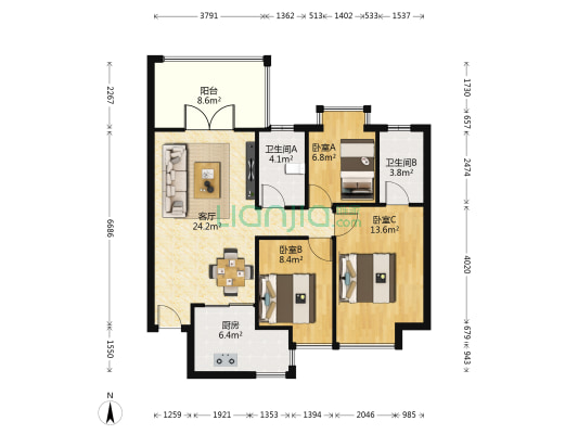 卓雅北苑 3室1厅2卫 88平方
