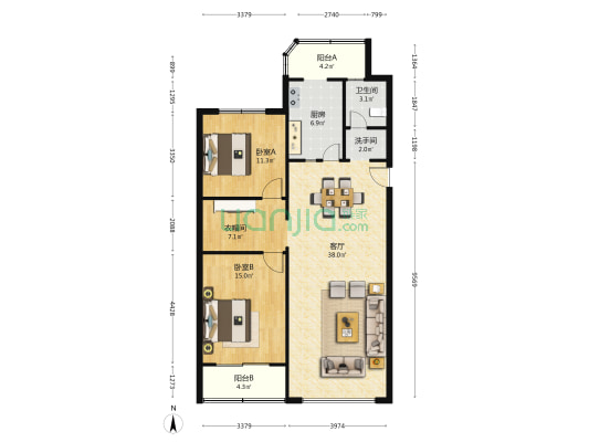 山泉花苑（南区） 2室1厅2卫 113平方