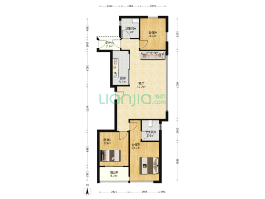 阅君蓝丽轩 3室1厅2卫 105平方