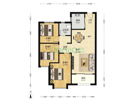 吾樾台 3室1厅1卫 96平方
