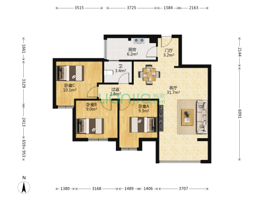 阳光高地 3室1厅1卫 95平方