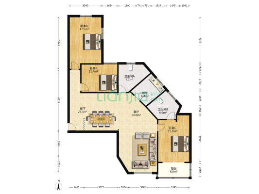 天香公寓 3室2厅2卫 171平方