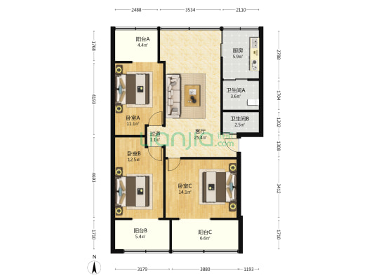 高升桥北街8号 3室1厅2卫 82平方