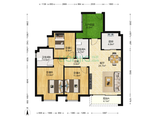 东方巴黎 3室1厅2卫 106平方