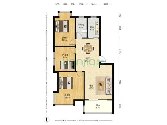 嘉俊花园 3室2厅1卫 98平方