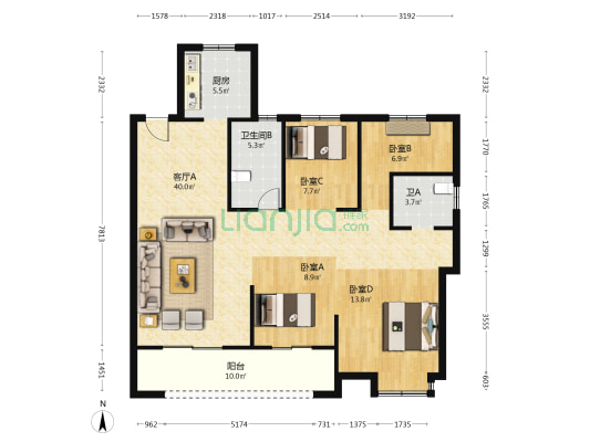 观山湖居 4室1厅2卫 131平方