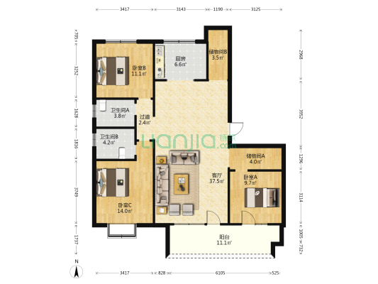 天泰未来城 3室1厅2卫 135平方