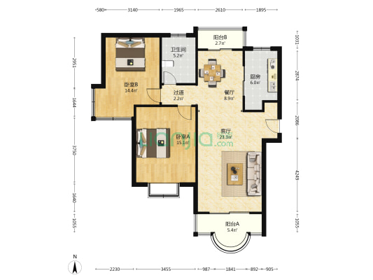 盛和玲珑苑 2室2厅1卫 112平方