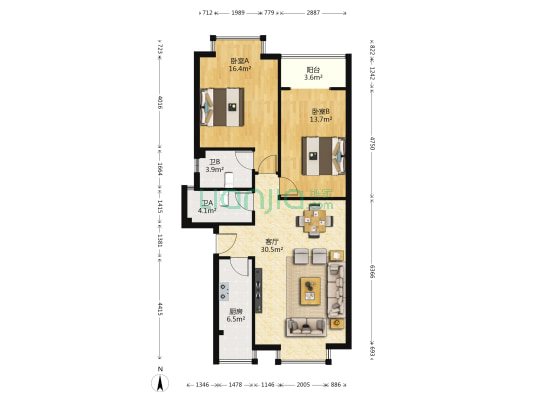 现代花园 2室1厅2卫 93平方