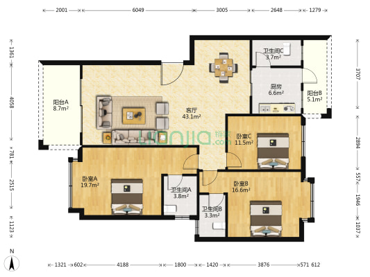 瑞枫花园 3室1厅3卫 135平方
