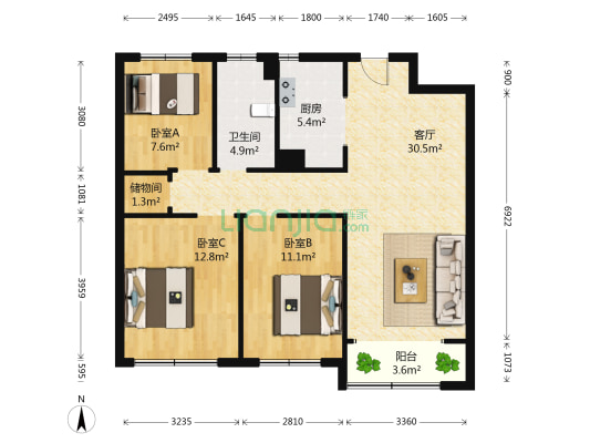 财富花园 3室1厅1卫 108平方