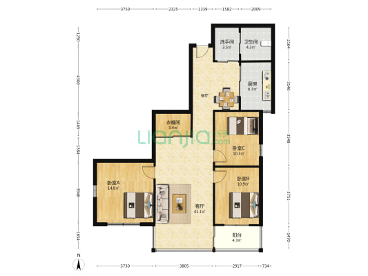 吉储大厦 3室1厅2卫 125平方