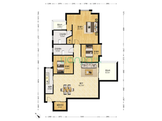 虎门金色阳光 3室1厅2卫 142平方