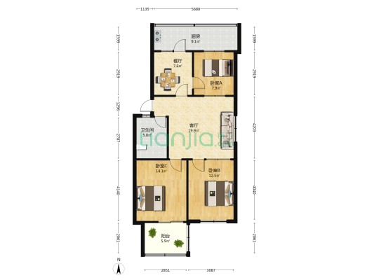 市法院家属院南院 3室2厅1卫 92平方