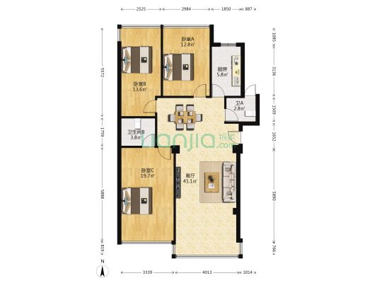洪山柄北区 3室1厅2卫 91平方