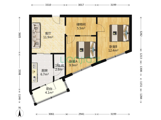  2室1厅1卫 68平方