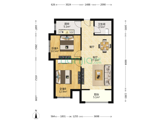 观园壹号 2室1厅1卫 83平方