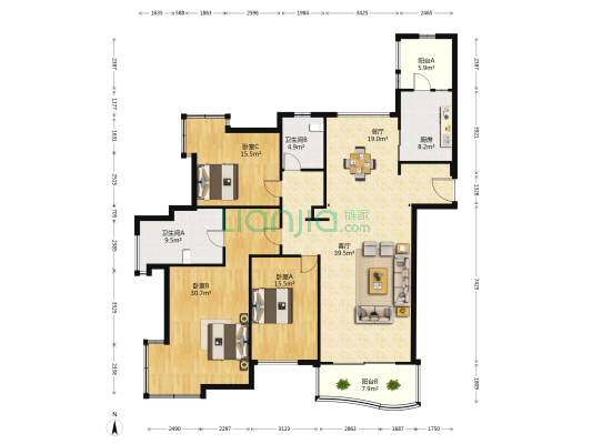 世茂湖滨花园(公寓) 3室2厅2卫 206平方