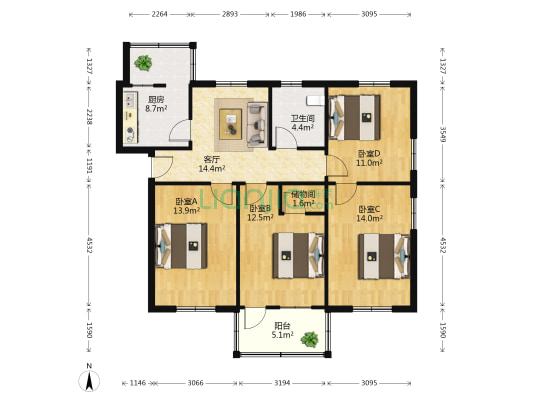 中北路44号 4室1厅1卫 104平方